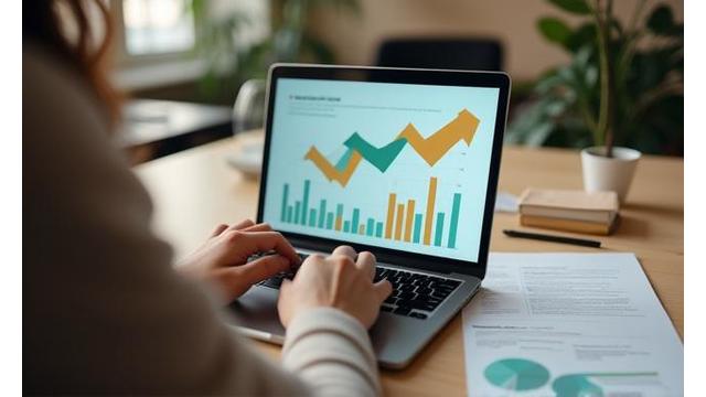 Persona usando laptop frente a gráficos financieros
